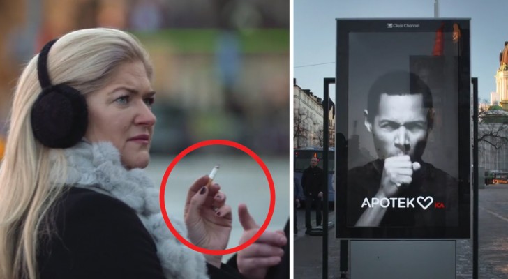 Die Frau spaziert mit einer Zigarette entlang einer Werbetafel: was dann passiert lässt sie nachdenklich werden