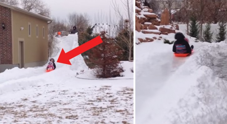 A father builds his kids a thrilling snow slide track! WoW!