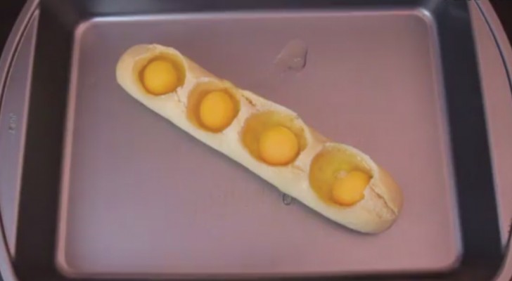 Er macht Kuhlen ins Brot und gibt dort Eier hinein: dann zieht er das Baguette aus dem Ofen und erhält einen Gaumenschmaus! 