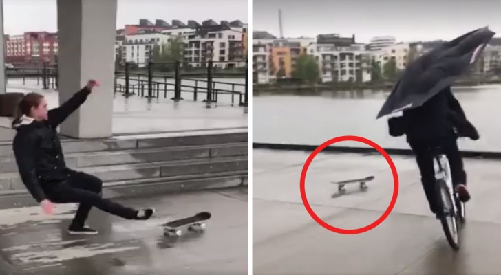 Er versucht ein Skateboard zu retten, aber seine Tat fällt buchstäblich ins Wasser
