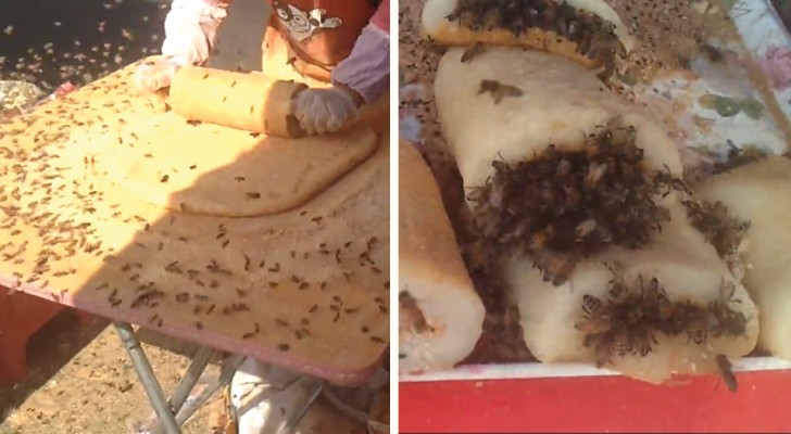 En gatuförsäljare förbereder som om ingenting bakverk omgiven av tusentals bin 