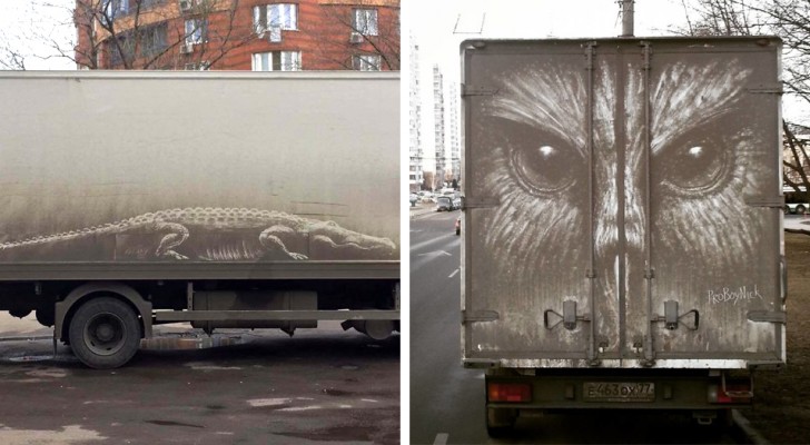 Questo artista di strada crea magnifici disegni sulle macchine sporche che trova in città