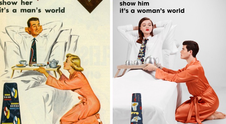 Ein Fotograf vertauscht die Rollen alter sexistischer Werbeplakate: Beurteilt das Resultat