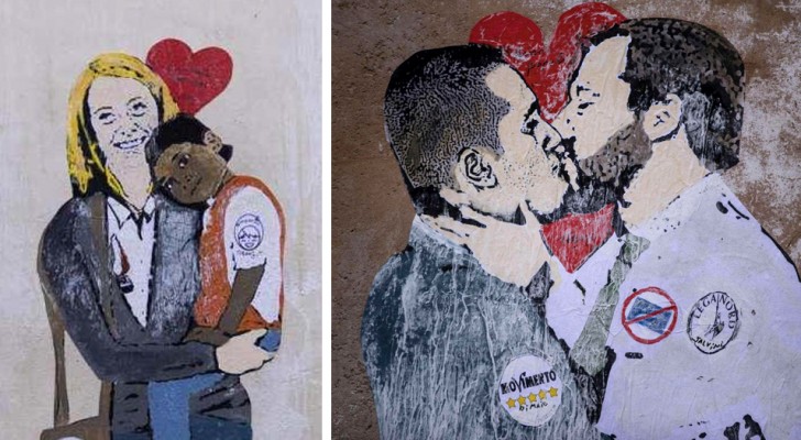 Bacio tra Salvini e Di Maio: nuovi murales provocatori spuntano per le strade di Roma