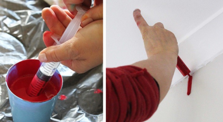 Fill a syringe with paint, then let the paint slide down a wall --- the final effect is very creative!