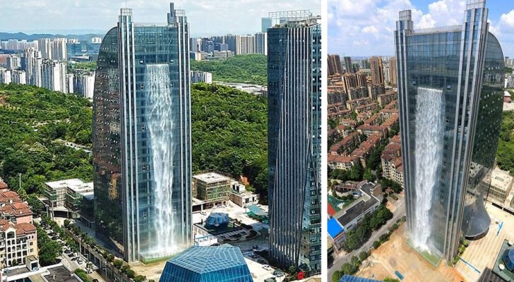 In China gibt es einen Wolkenkratzer, aus dem ein Wasserfall hervorgeht: aber was die Touristen fasziniert ist, wieviel es kostet ihn zu betreiben