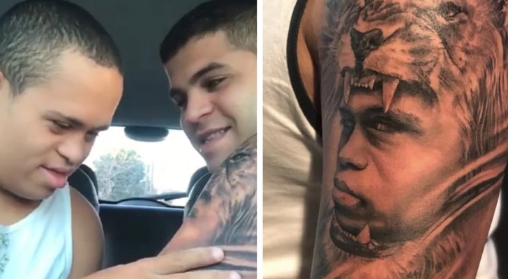 He tattoos the face of his little brother who has Down's syndrome and when he sees it is pure emotion