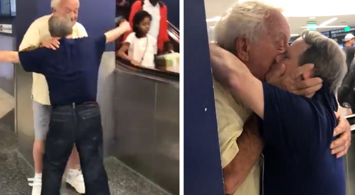 Un hombre con sindrome de Down cubre de besos al padre en el aeropuerto: el gesto de afecto conmovio a todos