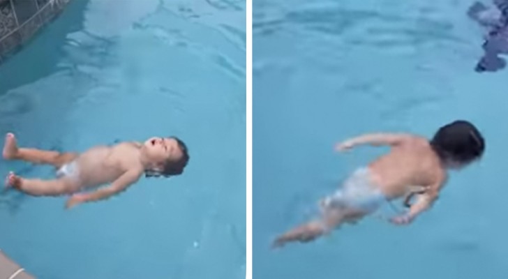 Ett barn på ett år tar sig ner i bassängen och visar hur det att kunna simma kan rädda hennes liv