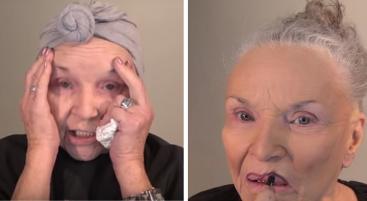 A 78-year-old woman puts on makeup that rejuvenates her by at least 10 years