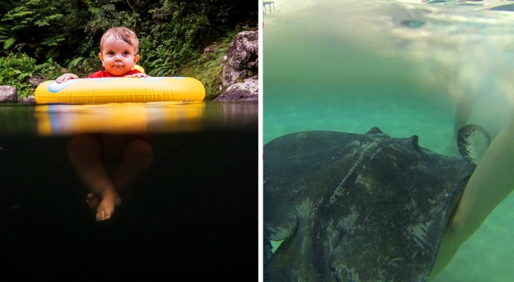 il test di talassofobia: foto-collage con un bambino su un galleggiante a sinistra, e una manta che tocca una gamba femminile a destra