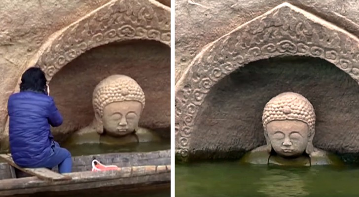 Eine prächtige 600 Jahre alte Buddha-Statue taucht aus dem Wasser eines Sees auf