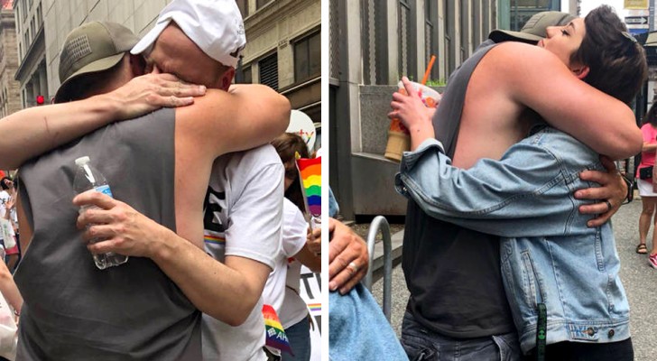 Während der Pride Parade umarmt ein Vater kostenlos alle jungen Menschen, die von ihren Eltern abgelehnt wurden