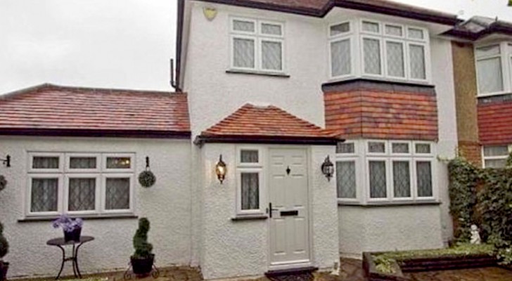 A family is selling a house that externally looks normal but all the interiors are various shades of purple