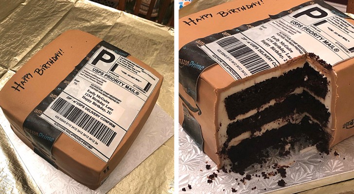 A husband gives his wife a birthday cake in the shape of her favorite object --- a giant Amazon package!