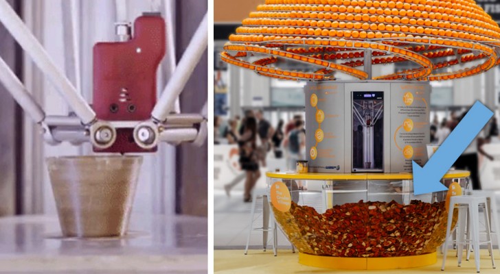 Questo macchinario stampa bicchieri in bioplastica con le bucce delle arance e li usa per servire la spremuta
