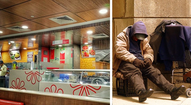A woman buys fast food for a group of homeless people then they are all asked to leave 
