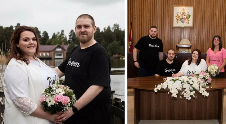 They get married in jeans and a t-shirt to show that weddings do not have to be expensive