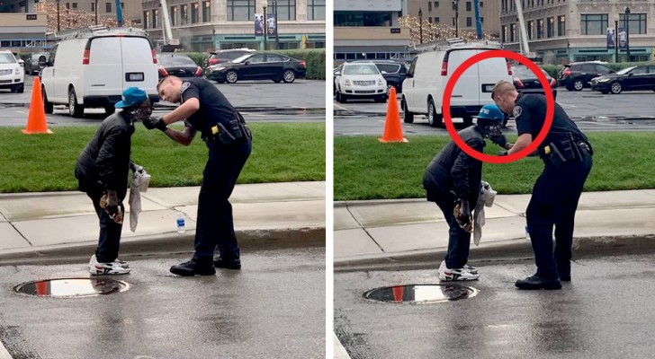 Dieser Polizist sieht einen Obdachlosen auf der Straße, nähert sich und hilft ihm, seinen Bart zu rasieren