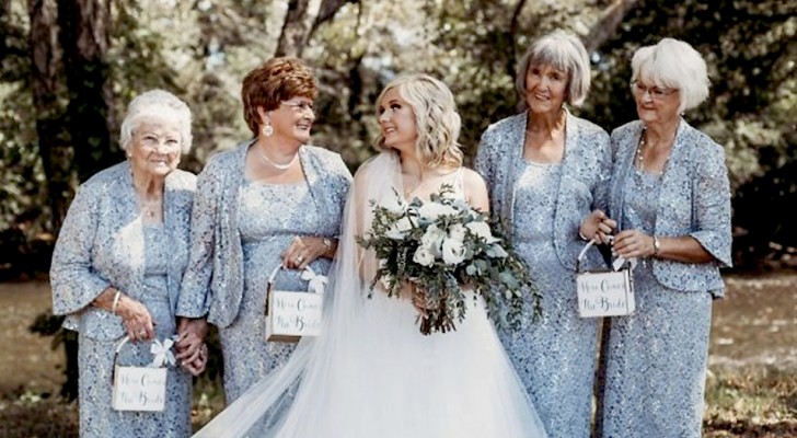 A bride and groom chose their grandmothers as bridesmaids for their wedding
