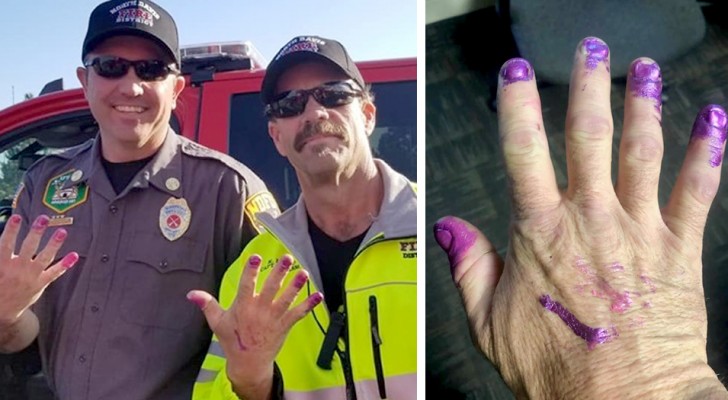 These two firefighters help a scared little girl and to calm her they let her paint their nails