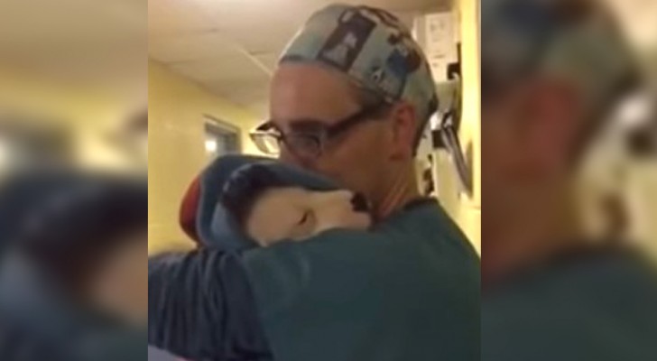 A filhotinha acorda de uma operação e começa a chorar assustada: o veterinário a consola como se fosse uma criança