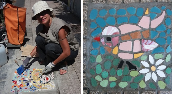 Un'artista ripara le buche a Messina costruendoci sopra dei coloratissimi mosaici