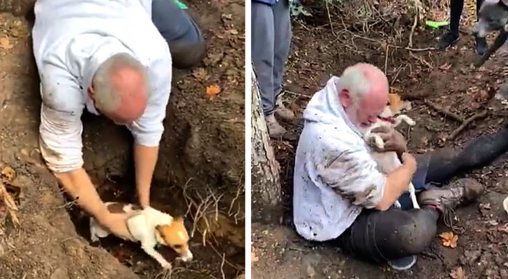 This man weeps with joy when he finds and rescues his little dog that was trapped in a fox hole