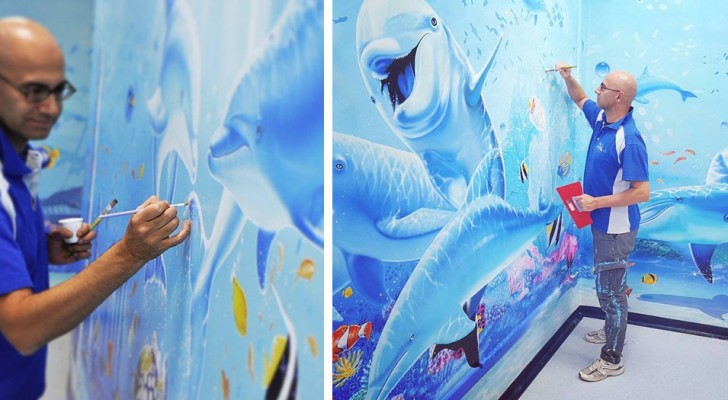 Questo artista italiano trasforma le grigie pareti degli ospedali in magici acquari