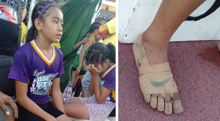 She does not have the money to buy real sneakers, so she creates her own "Nike" and wins 3 gold medals in a race