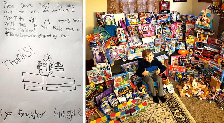 Tack vare ett reklamblad har den här 8-åriga pojken samlat in 165 julklappar att donera till människor i svårighet