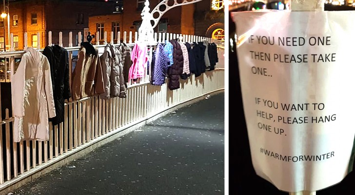 Cappotti e abiti caldi appesi su un ponte a Dublino: l'iniziativa per riscaldare l'inverno dei senzatetto