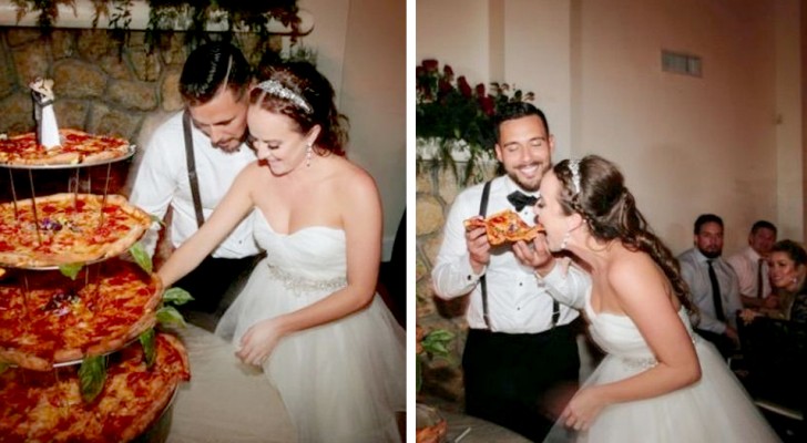 Este casal de noivos decidiu oferecer uma "pizza de casamento" para seus convidados ao invés do bolo comum