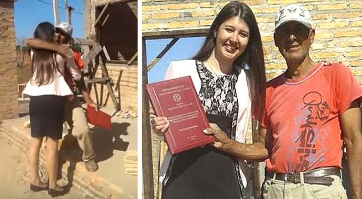 Depois da sua formatura, esta jovem foi até o trabalho de seu pai, que é pedreiro, para agradecê-lo pelos seus sacrifícios 