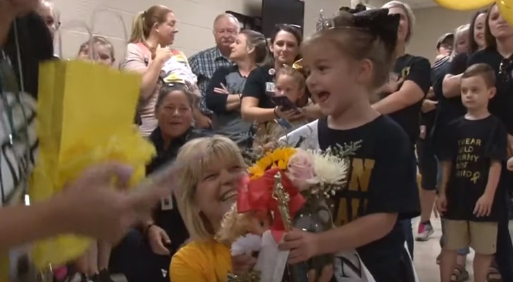  At the age of five, she is finally cured of leukemia and when she returns to school, they all organize a huge party for her