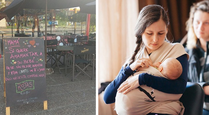 A sign has been displayed informing all mothers that in this bar that they can breastfeed their baby in peace