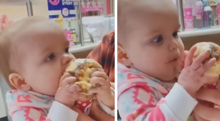A bebezinha experimenta pela primeira vez um sorvete e não consegue conter a sua alegria