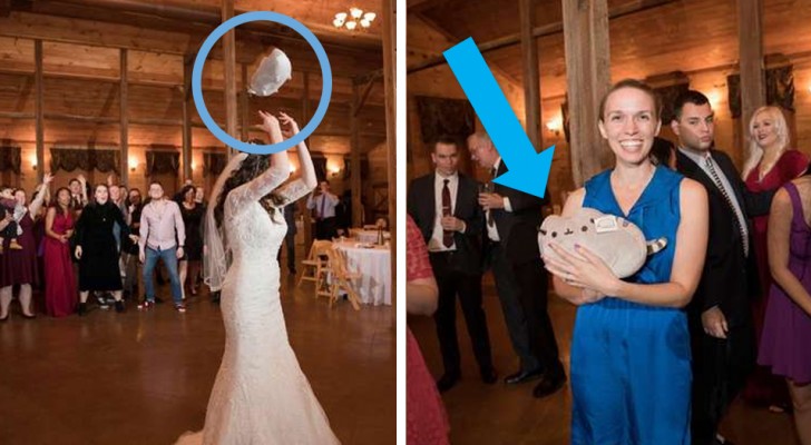 Invece del solito bouquet, questa sposa lancia un gatto di peluche per vedere chi sarà il prossimo ad adottare un micio
