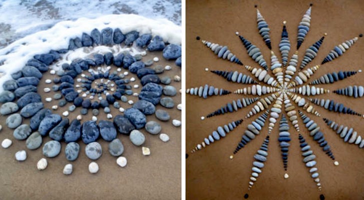Questo ragazzo crea sulle spiagge affascinanti opere d'arte geometriche usando le pietre colorate