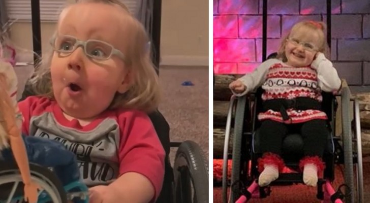 La petite fille souffrant d'handicap reçoit en cadeau une Barbie spéciale comme elle : blonde et en fauteuil roulant bleu