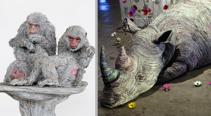 Un'artista trasforma dei semplici fogli di giornale in sculture a tema animale dall'enorme realismo