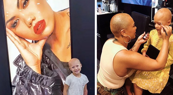 A young girl affected by alopecia lights up when she sees a billboard ad featuring a model without hair 