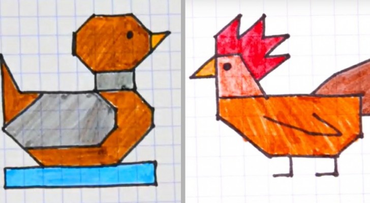 7 zeer eenvoudige gestileerde tekeningen op ruitjespapier, ideaal om kinderen te vermaken