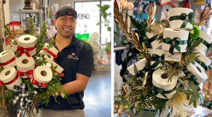 Ein Florist stellt Blumensträuße aus Toilettenpapier her, um die wachsende Nachfrage nach diesem Produkt zu ironisieren