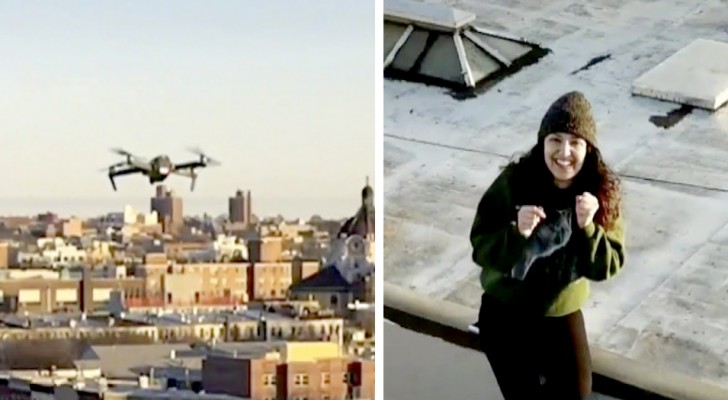 He sees a girl on the roof opposite and sends his number to her with a drone: a flirtation is born at a distance