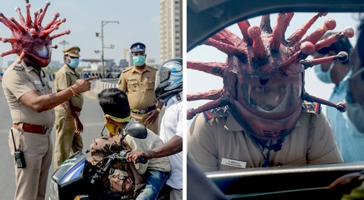 India: un agente di polizia indossa un elmetto a forma di Coronavirus per convincere le persone a stare a casa