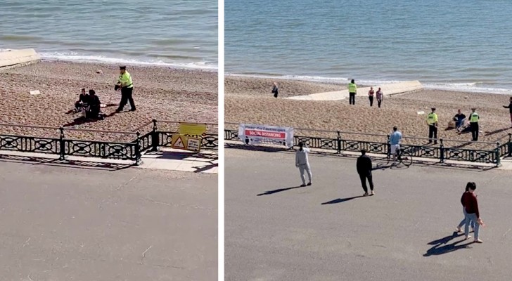 Coronavirus: a policeman ruins a couple's beach day by putting out their bonfire and telling them to go home 