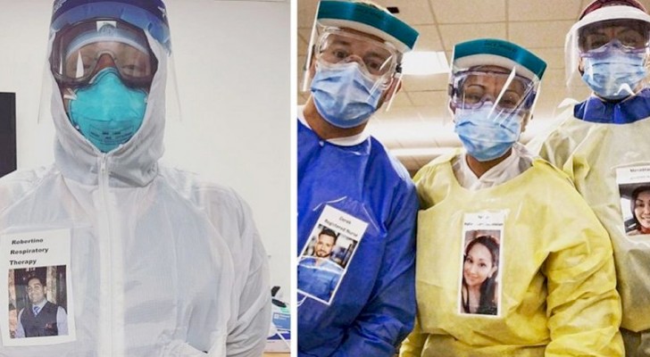 Dessa sjuksköterskor bär en badge med ett foto på sig själva när de ler för att låta patienterna se hur de ser ut under skyddsmasken