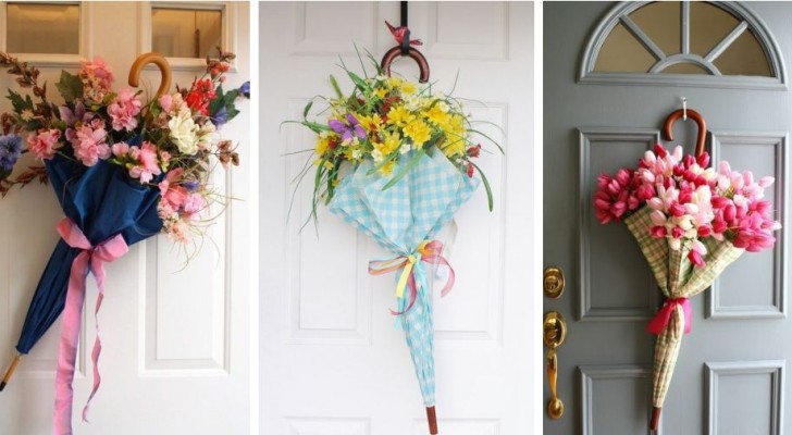 9 proposte da cui trarre spunto per realizzare magnifiche composizioni floreali dentro ai vecchi ombrelli