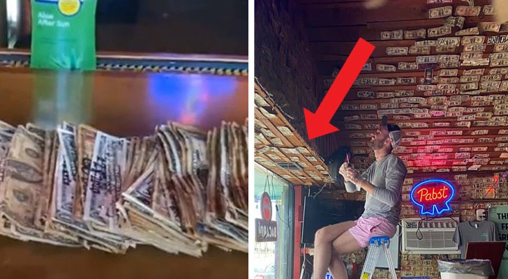 The owner of a bar peels off the banknotes stuck to the walls by customers and uses them to pay employees